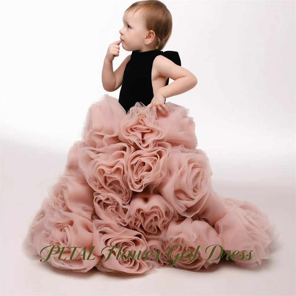 Petal Back Large Bow Flower Girl Dress Long Train Baby Kids Birthday Dress Back and Pink Pageant Dress for Girl Customized