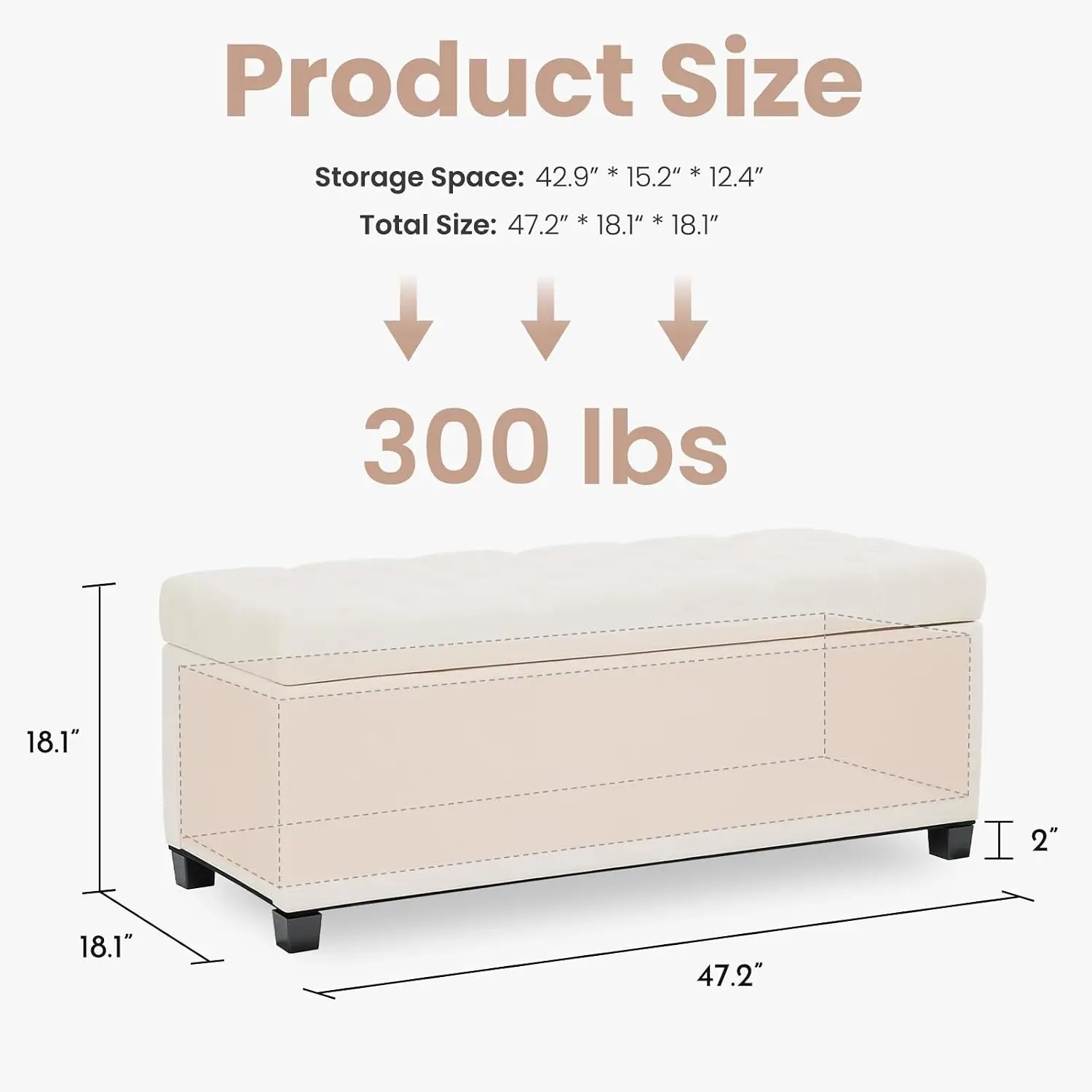 Tufted Upholstered Storage Ottoman Bench, Safety Hinge & Hidden Compartment, Bedroom Entryway Organization, 47.2