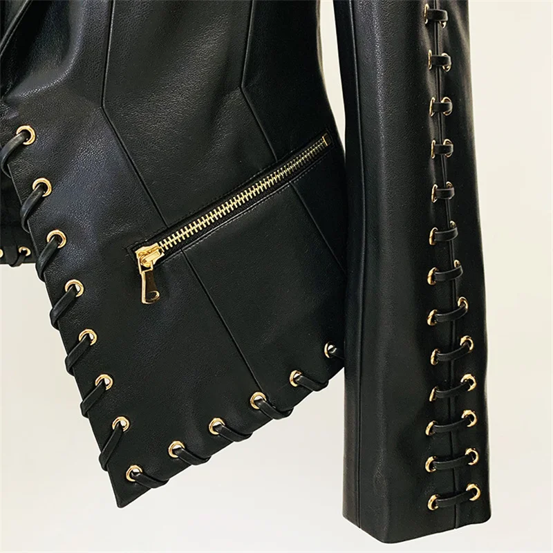 Sheepskin Coatสําหรับผู้หญิงใหม่ฤดูใบไม้ร่วง2025ไก่Eye TieเชือกSlim FitปกแขนยาวหนังเทียมPUผู้หญิงเสื้อ