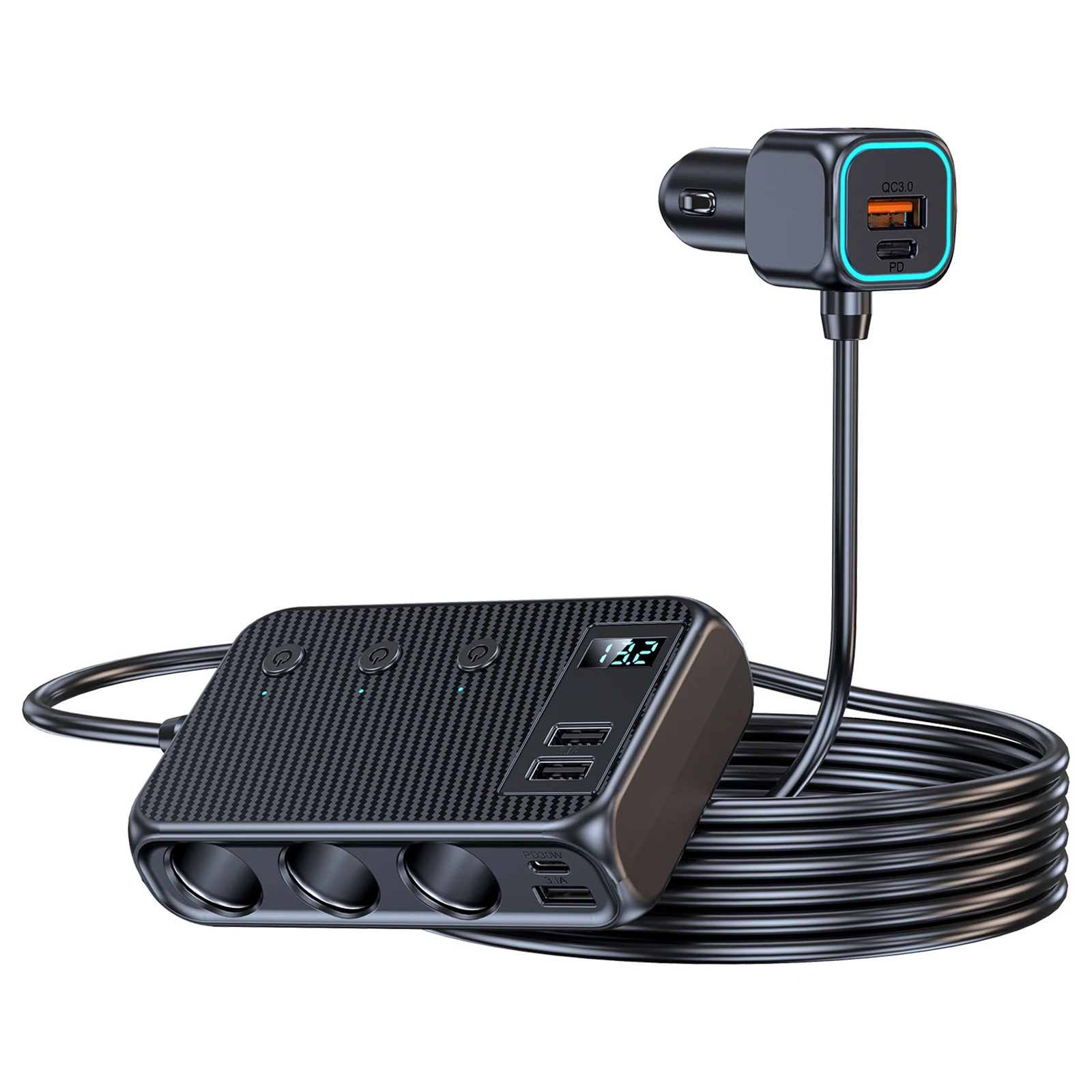 

Многофункциональный разветвитель для автомобильного прикуривателя 9-в-1 (12В/24В) с 3 независимыми выключателями, LED-вольтметром и быстрой зарядкой USB-C PD – Автоаксессуары