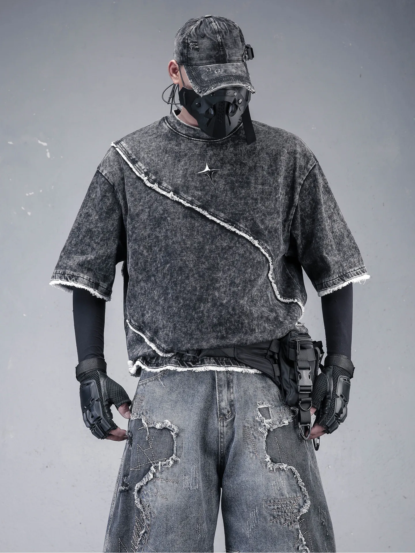 2026 Summer Men Techwear Acid Wash Irregular Raw Edge Stitching Four-pointed Star Loose Short Sleeve Streetwear Gothic Top