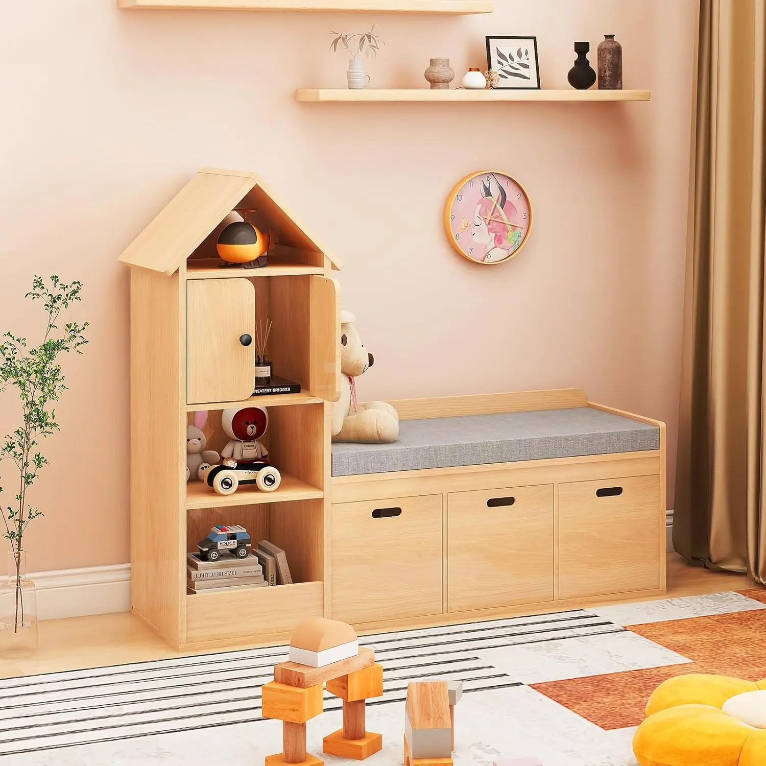 Kids Bookcase And Bookshelf With Reading Nook, Multifunctional Bookcase With 3 Open Storage Cubbies And 3 Drawers, Bookcase