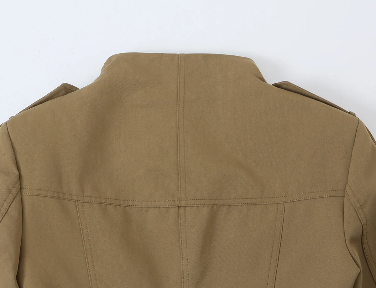 BSAY Herbst Damen Militärstil 2-teiliges Outfit Stehkragen Taschen Slim Jacke Doppelreihige Twill Mini-Shorts Passende Sets – Detail 16