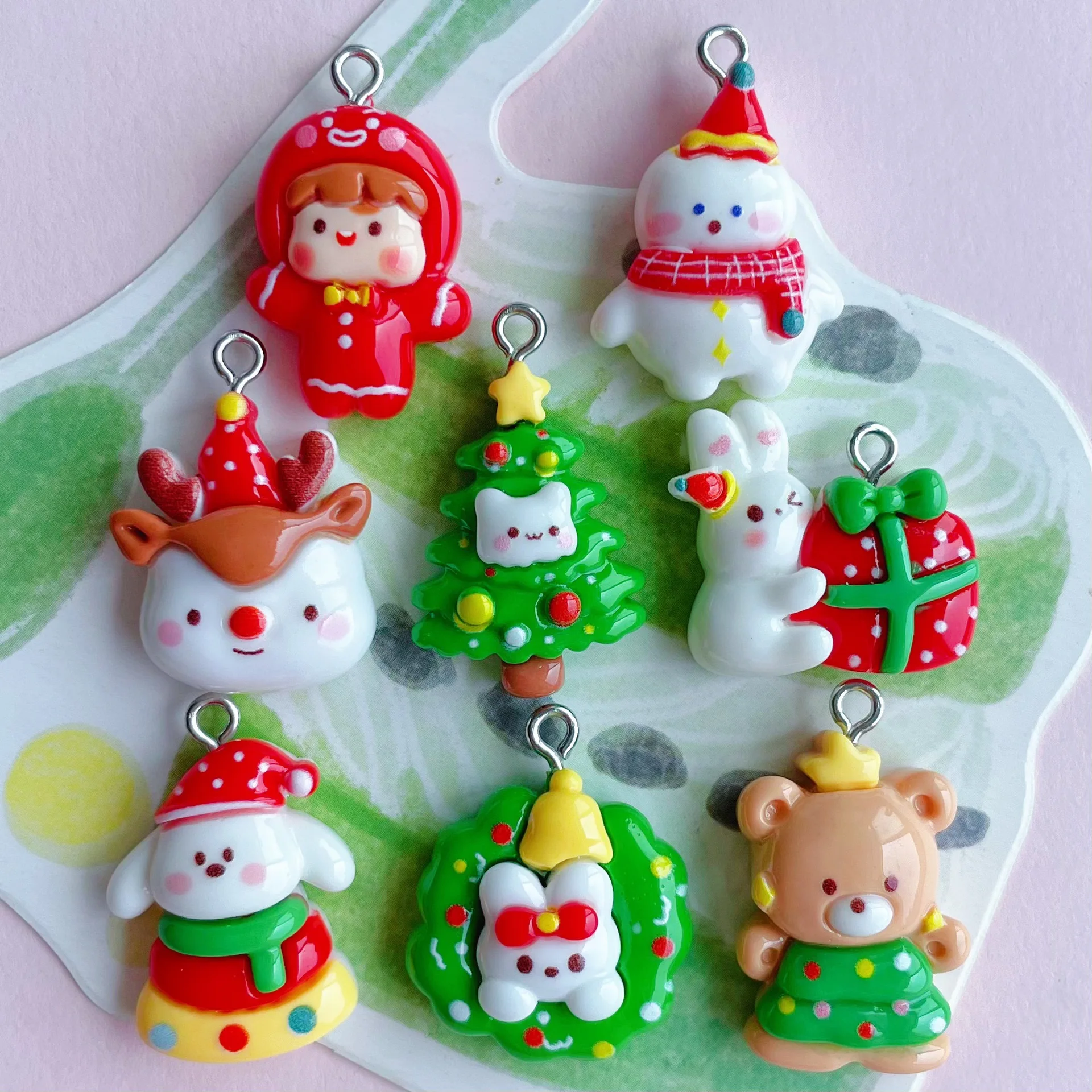 10Pcs Cartoon Christmas Flatback Resin Hook Cute Craft Accessories For Jewelry Making DIY Keychain Earrings Materials Pendant