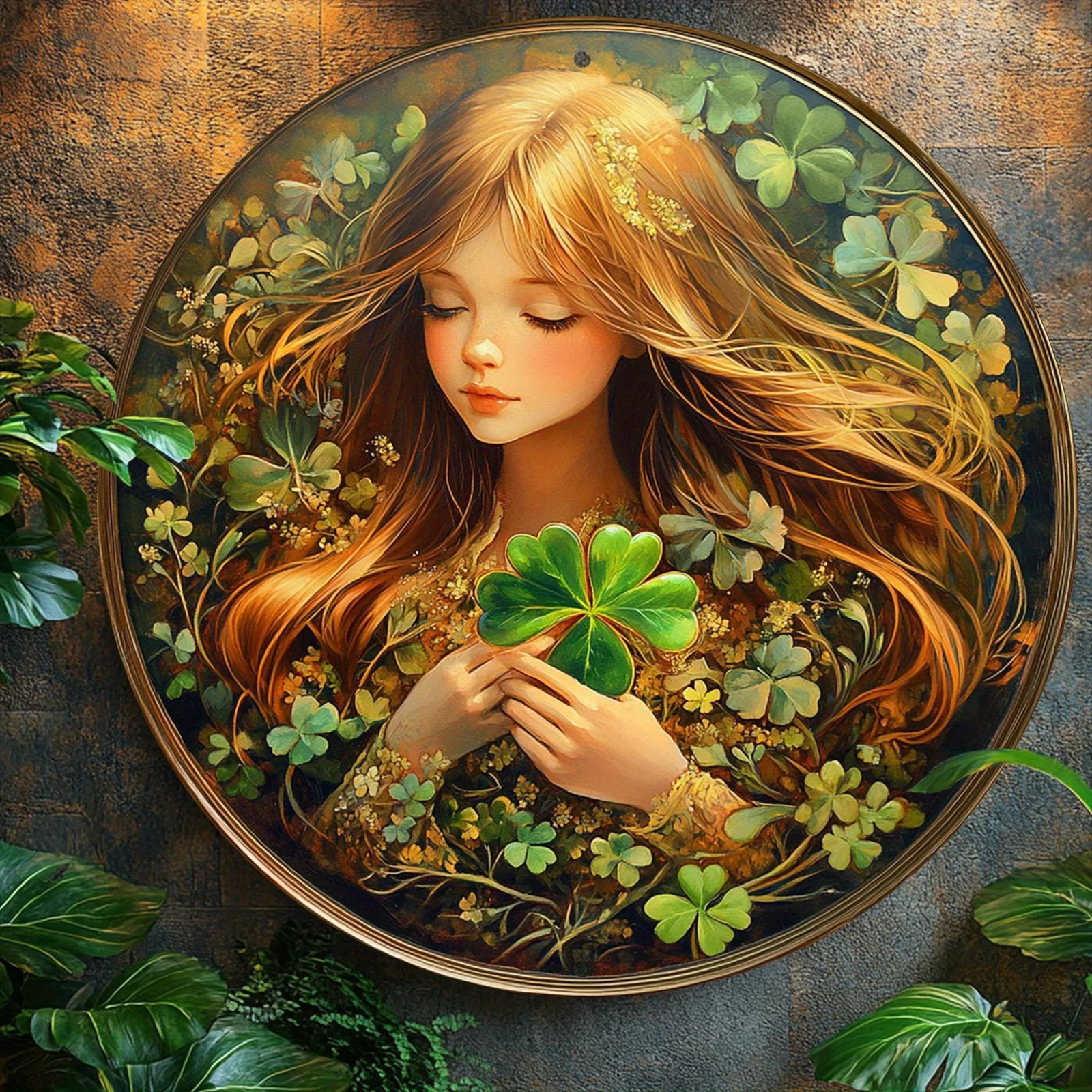 1pc Classic Vintage St. Patrick'S Day Girl and Clover Round Wreath Sign, 20.32x20.32 cm Aluminum Metal Wall Hanging Decor for Ki