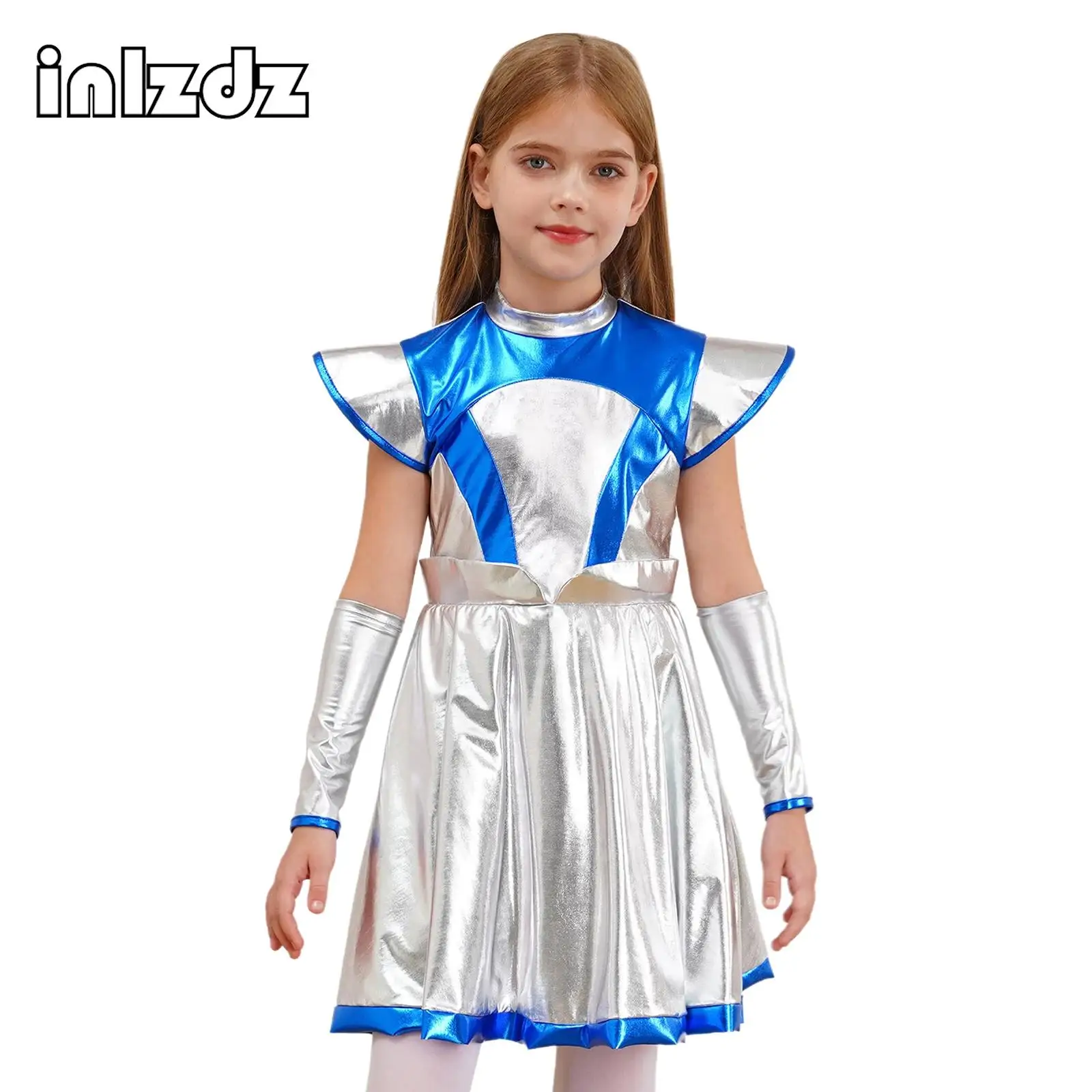 Kids Girl Metallic Dresses Sparkly Shiny Space Alien Costume Halloween Cosplay Outer Space Cap Sleeve Dress con Arm Sleevee Set