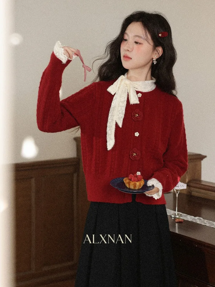 

ALXNAN Burgundy Cardigan Women's French Elegant Floral Button Sweater 2025 Autumn Winter Loose-fit Casual Female Tops L59739