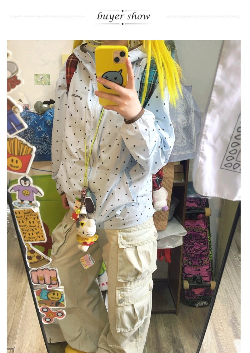 Karrram Japanische Y2k-Jacke mit Polka-Dot-Muster, dünne Jacke im Stil der 2000er Jahre, Kapuzenjacke mit Reißverschluss, Vintage-Harajuku-Cutecore-Windbreaker, amerikanischer Retro-Stil. – Detail 2
