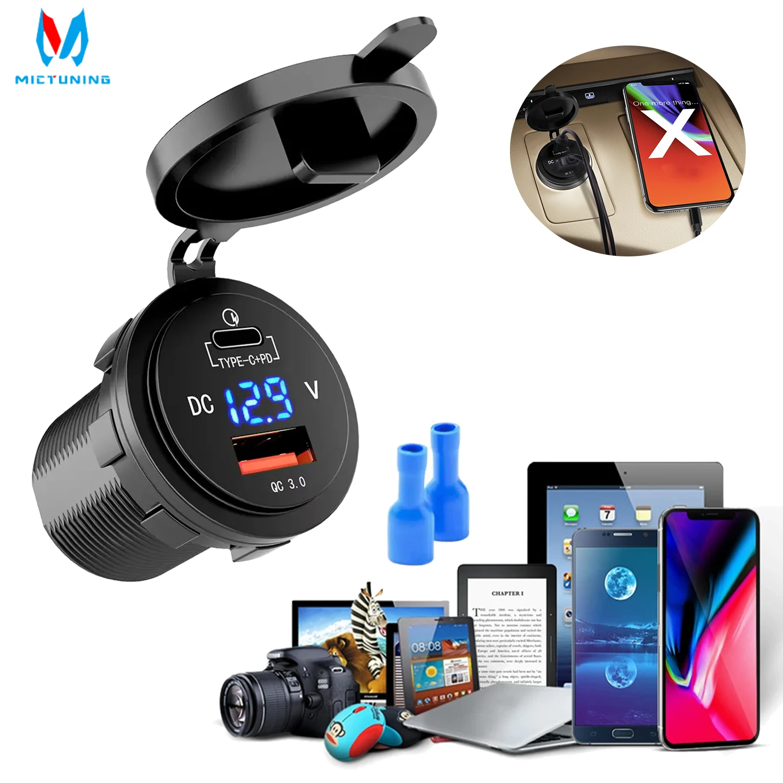 MICTUNING 12V 36W TypeC Voltmeter Car Charger Outlet USB Quick Charge Waterproof and QC3.0 USB Port USB Socket Cars Universal