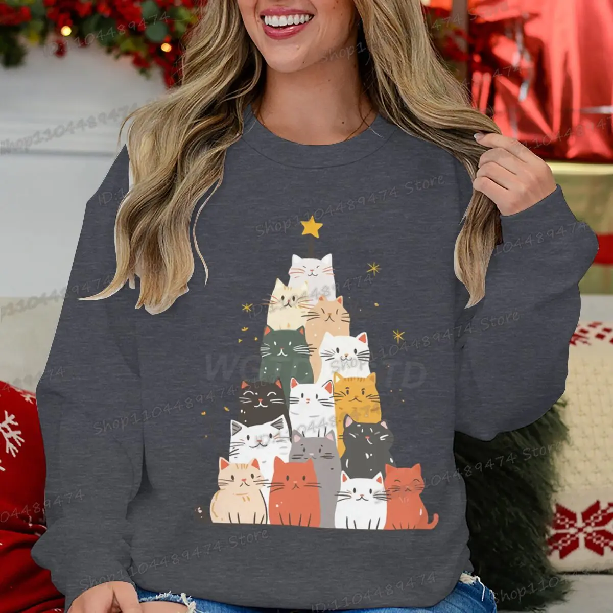 عيد الميلاد شجرة القط نمط الرجال المرأة البلوز أنيمي الحيوان عيد الميلاد البلوز الخريف الشتاء طويلة الأكمام طاقم الرقبة بلوزات