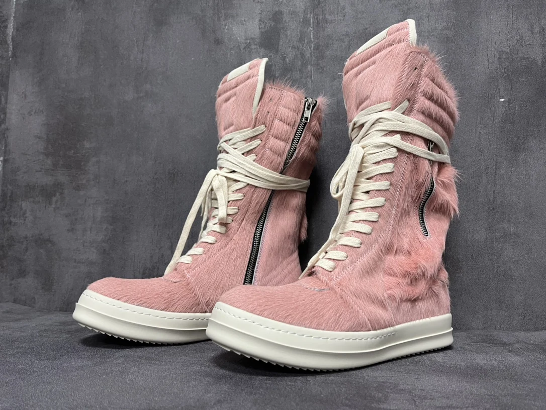 

Original women's high-end brand Ro designer high-top horse hair pink boots, men's Ro solid color leisure sports horse hair boots