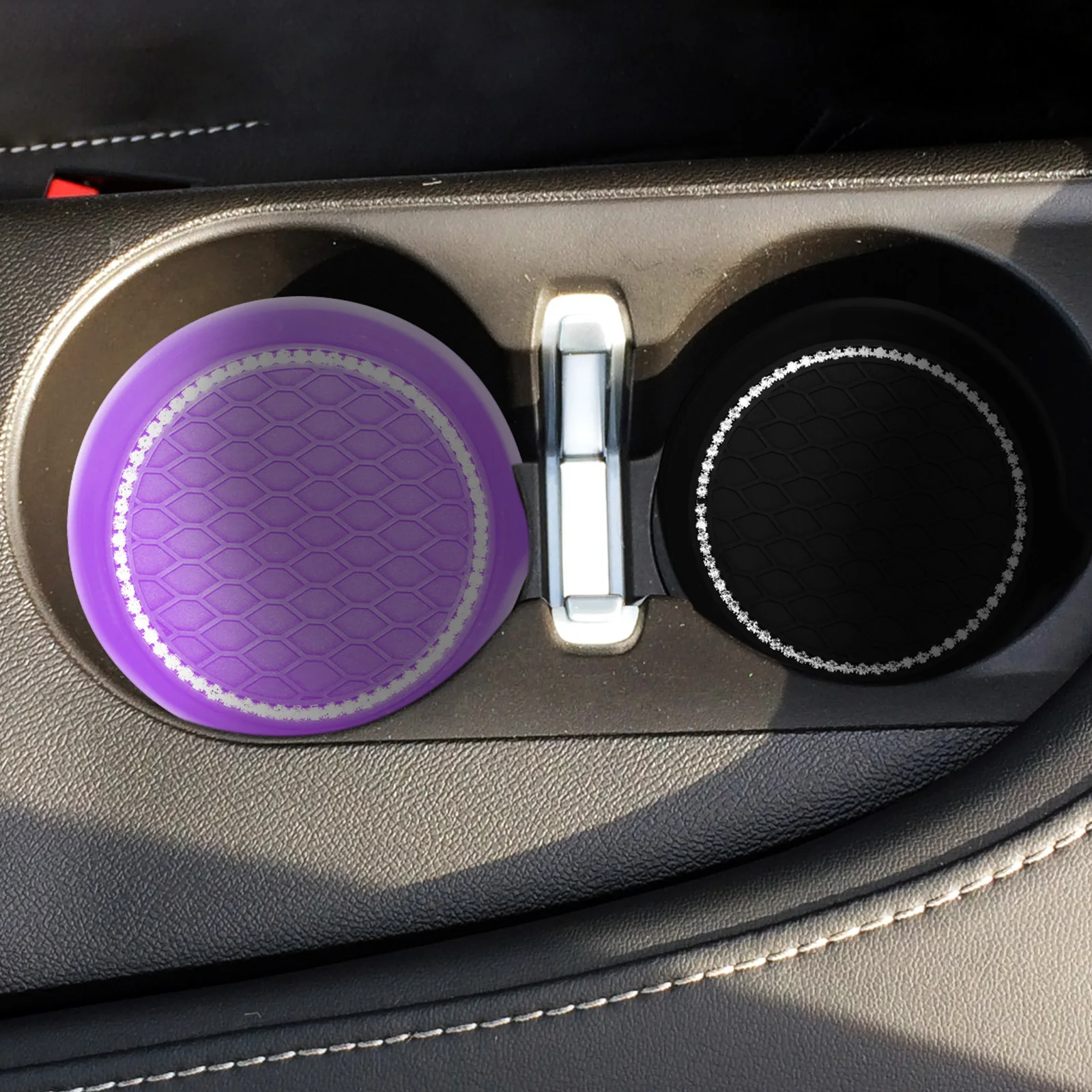

4Pcs Anti skid Car Cup Coaster Round Silicone Drink Holder Mat Black Purple Rhinestone Vehicle Water Coaster Stylish Automotive