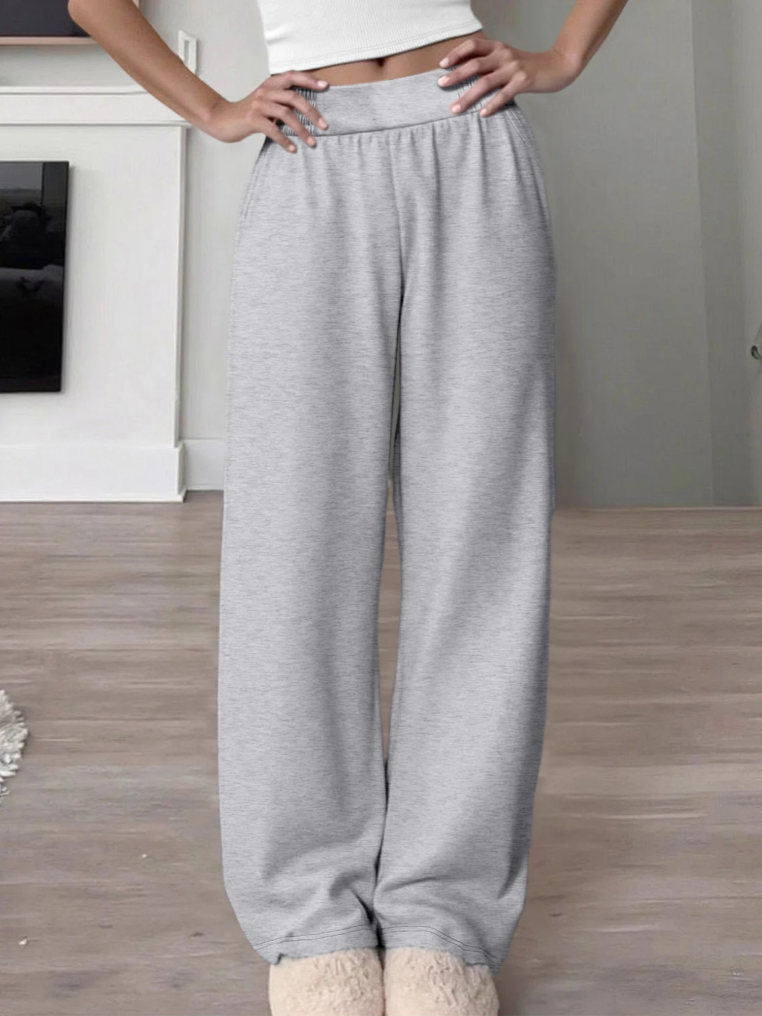 

Women's High Waist Wide Leg Elegant Pants Elastic Waist Solid Color Loose Fit Trousers Formal Casual Bottoms