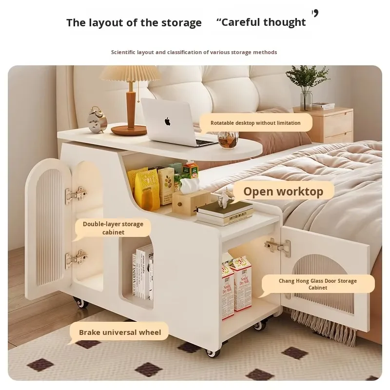Modern Small Desk Movable Rotating Bedside Table Solid Wood Sofa Coffee Table with Laptop Desk for Bedroom Home Use