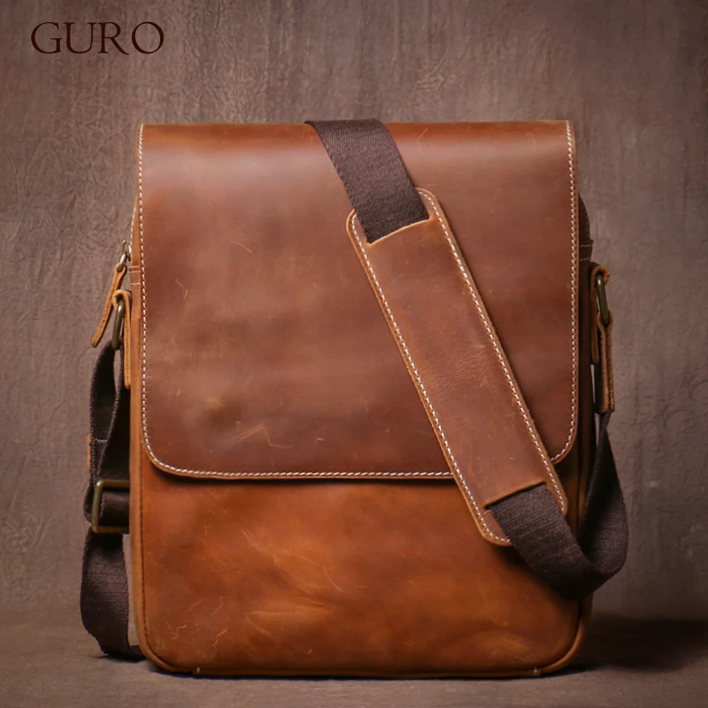 GURO Men's Genuine Leather Shoulder Bag Vintage Classic Flap Messenger Bags Higher Quality Luxury Crossbody For 12 Inch IPad