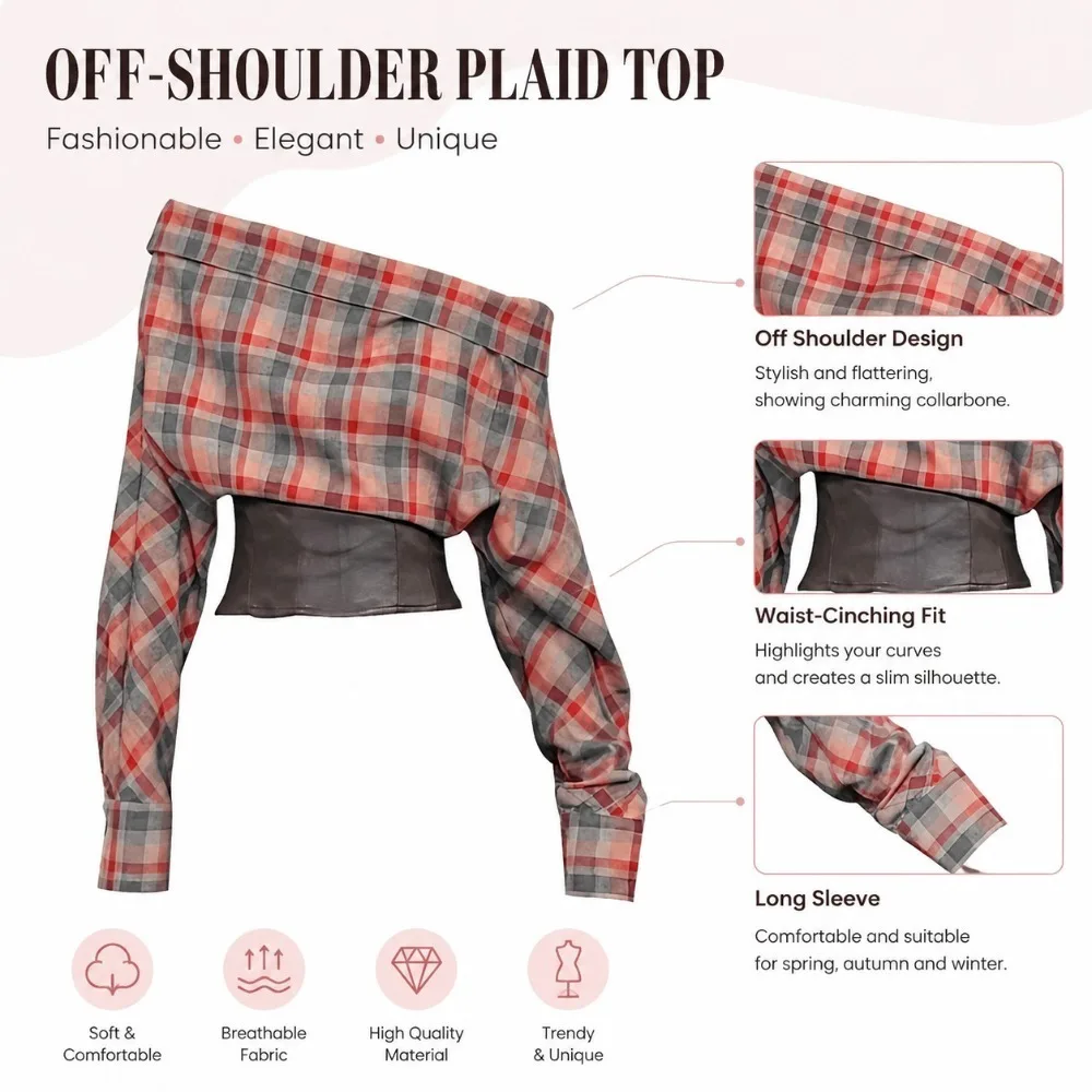 Fall Vintage Plaid Off-Shoulder Top, Leather Patchwork Long Sleeve Cropped Tee for Women