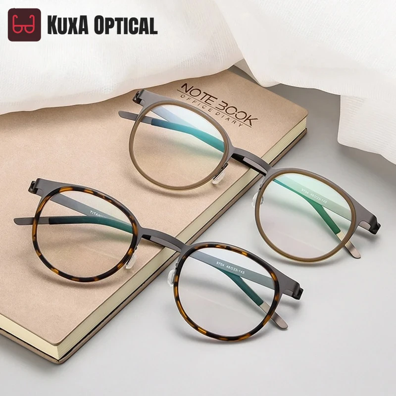 

KUXA Thin Glasses Men Titanium Eyewear Round Optical Demi Design Prescription Myopia Reading Oculos Progressive Anti-Reflection
