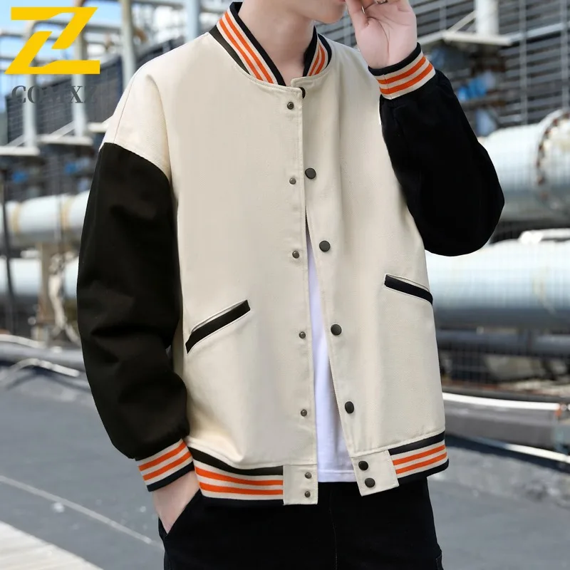 COMXZ 2025 Men Pure Cotton Heavy Industry Embroidery Long Sleeve American Vintage Mens Baseball Jacket lightweight windbreaker