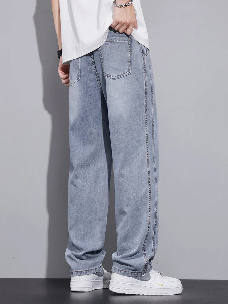 الرباط الصيف الجينز الرجال ليوسيل لينة جودة السراويل تمتد الخصر مستقيم عارضة فضفاض سراويل جينز الشارع الشهير #3