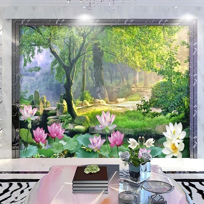 

Custom 3D Wall Mural Wallpaper Oil Painting Lotus Landscape Waterfall 3D Photo Wall Paper Home Decor For Study Room Papel Tapiz