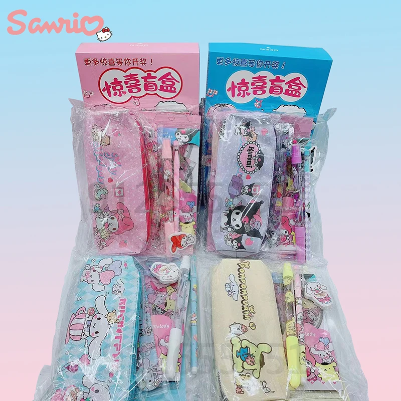 8 Pcs/set Sanrio Kids Stationery Set Kuromi Melody Cinnamoroll Gel Pen Stickers Eraser Ruler Pencil Case Student School Supplies