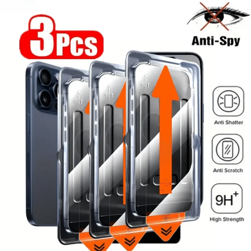 3 Stück Sichtschutzfolie aus gehärtetem Glas für iPhone 12, 11, 13, 14, 15, 16 Plus Pro Max, einfache Installation, Rahmen, Anti-Fingerabdruck