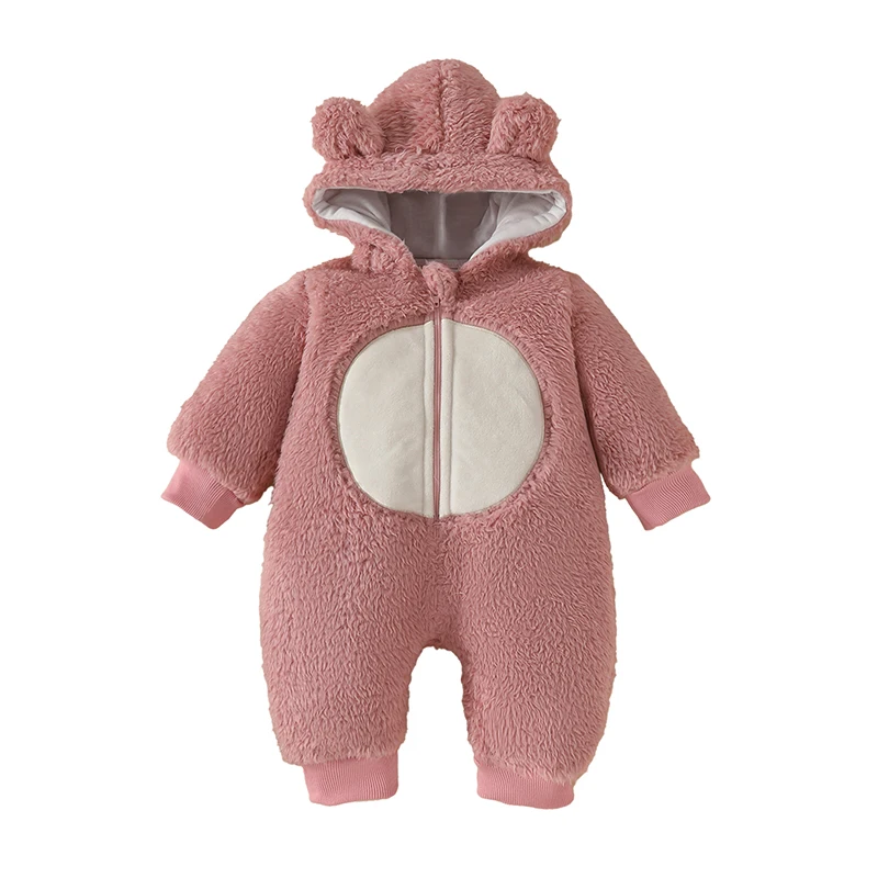 Cute Baby Boys Hooded Bear Romper with Ears and Tail Warm Fleece Jumpsuit for Infant Toddler Winter Outfit Fashion Wear