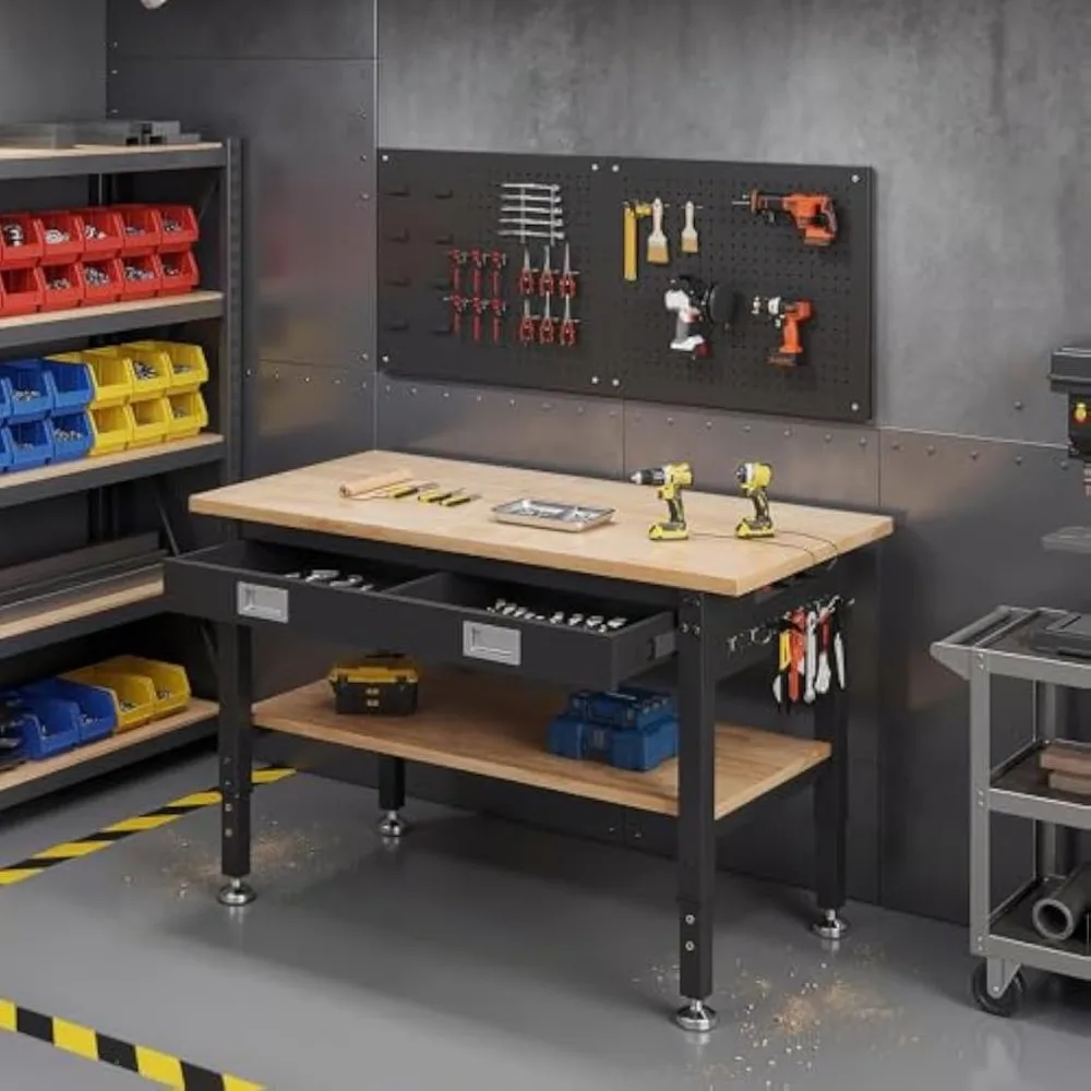 48-Inch 2-Tier Workbench with Drawer and Pegboard for Garage Workshop