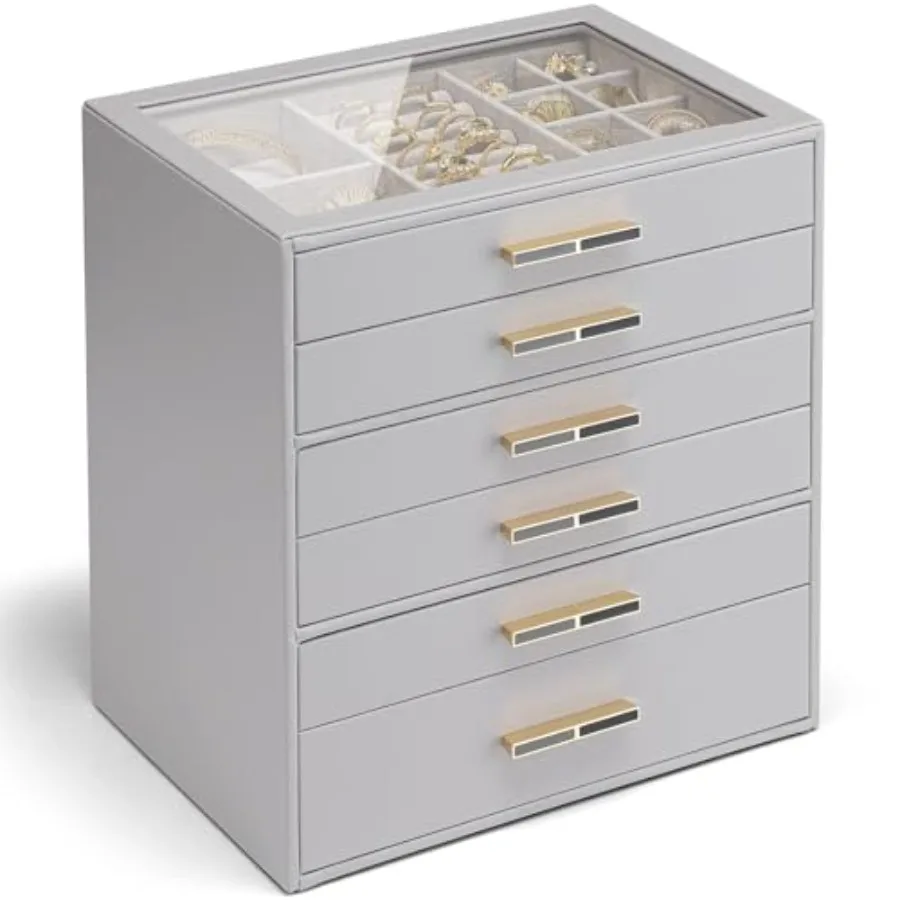 

6 Layer Jewelry Box for Women Glass Lid Jewelry Organizer with 6 Drawers for Necklaces Rings Earrings Bracelets - Grey