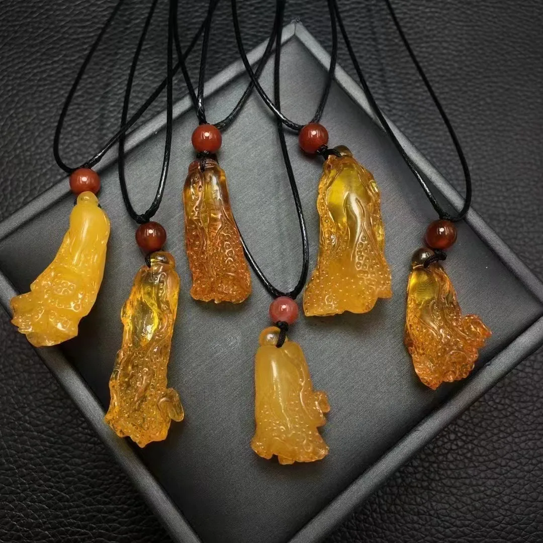 Unit One Piece Natural Amber Crystal Healing Cabbage Carving Pendant With Leather Rope