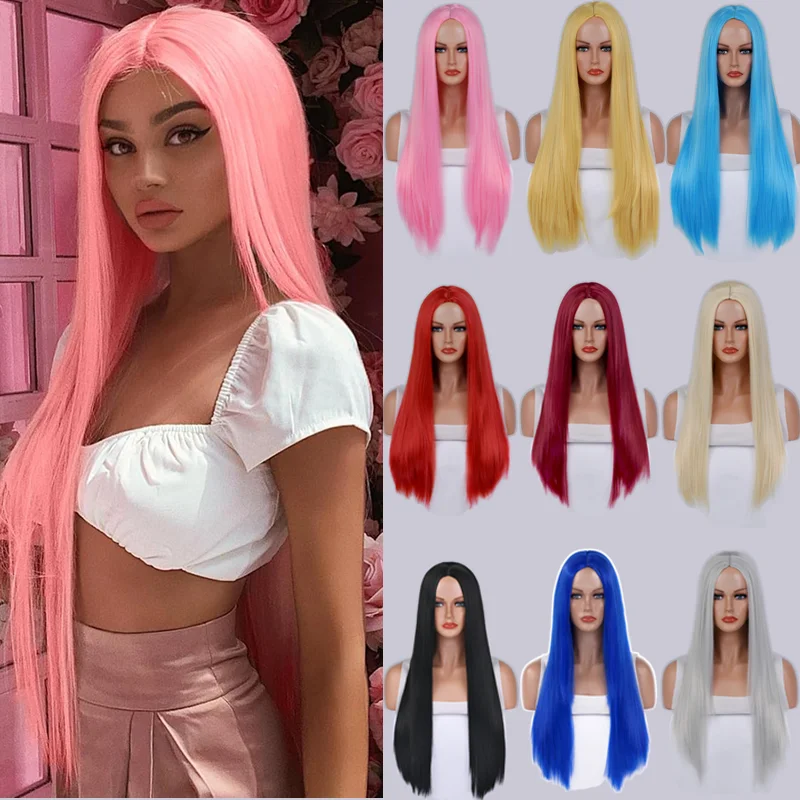 

80CM Long Straight Cosplay Wig with Middle Part Woman Anime Ombre Hallowmas Lolita Synthetic Wig Pink Red Heat Resistant Hair