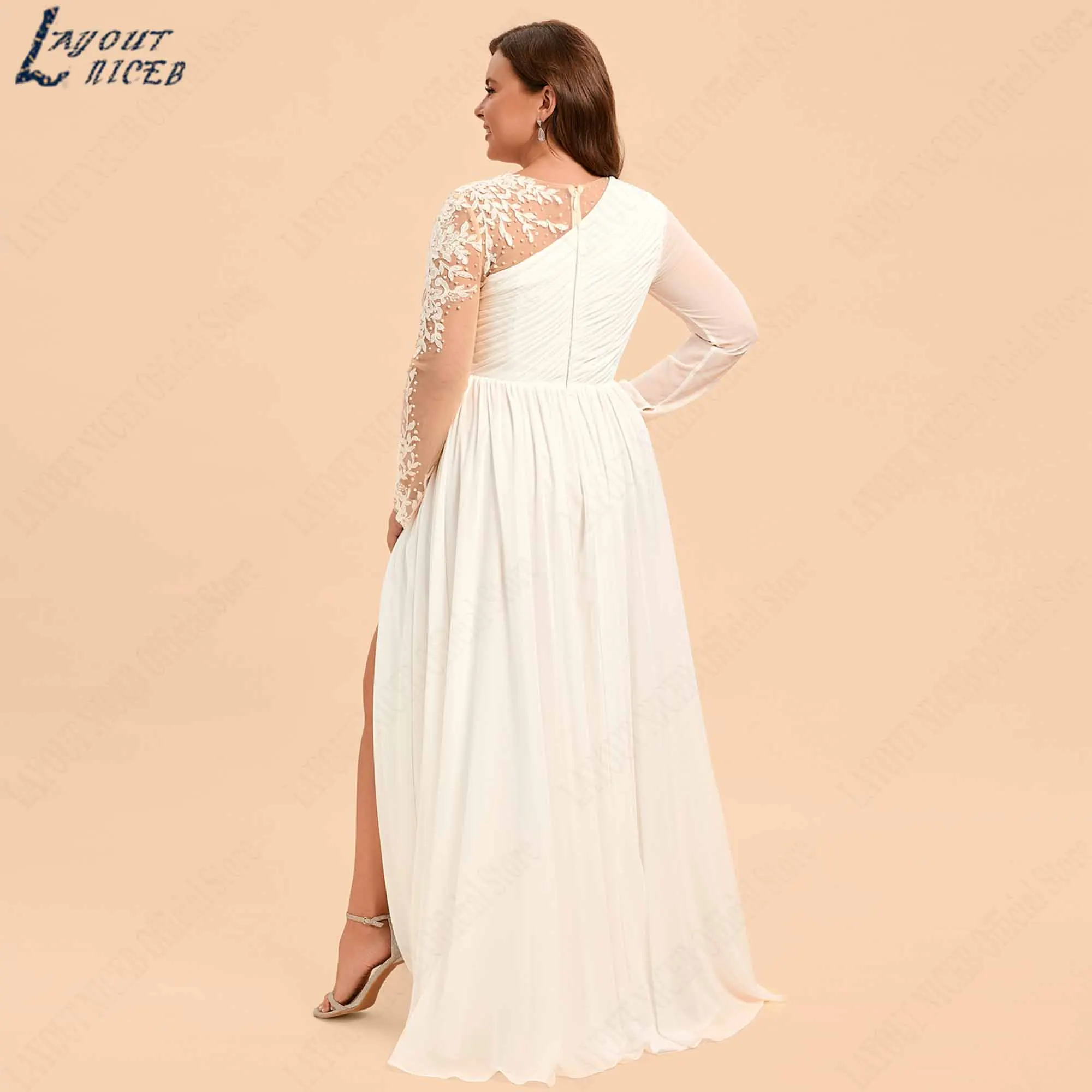 Boho Chiffon Plus Size Wedding Dress Asymmetrical Neck Long Sleeve Bride Gown Floor-length Side Slit vestido de novia Customized
