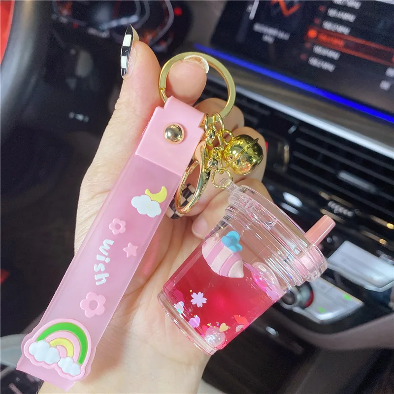 Creative Into Oil Bee Milk Tea Cup Floating Bottle Keychain Cute Moving Quicksand Sakura Sequin Liquid Keyring Drift Bag Pendant