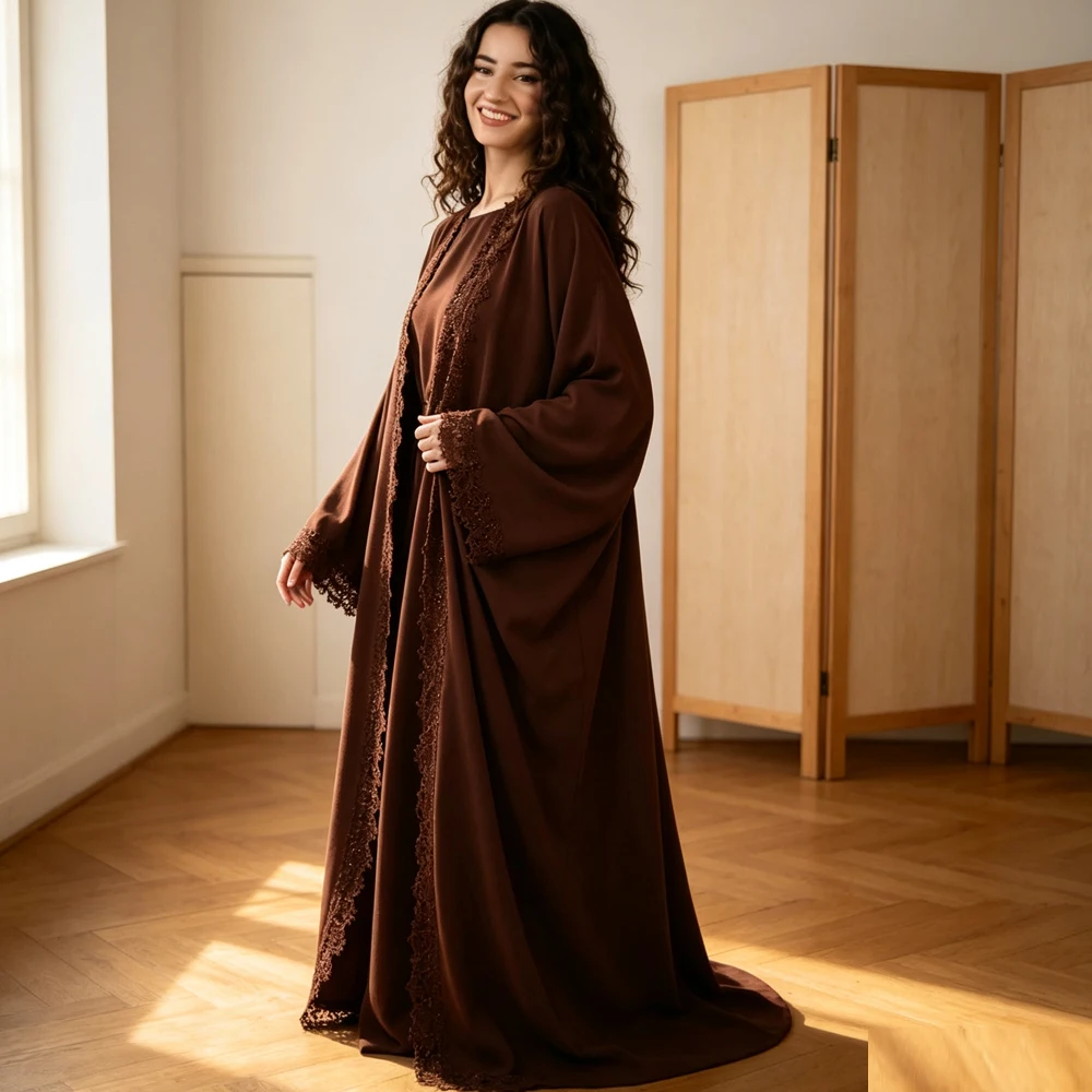 

Modest Muslim Sets for Women Lace Kimono Cardigan Maxi Dress Hijab Abaya Dubai Kaftan Kebaya Jalabiya Femme Musulmane Ensembles