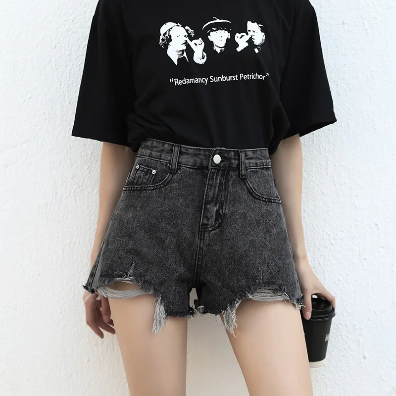

High Waist Denim Shorts Women's Summer New Korean Loose Student Slimming Black Grey Wide Leg A-Line Hot Pants