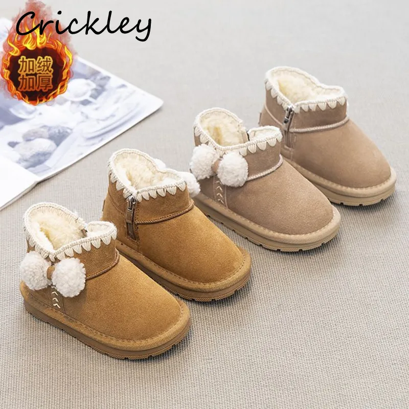 

Winter Bow Children Snow Boots Sewing PU Leather Solid Girls Boots Plus Warm Zip Soft Bottom Kids Ankle Shoes