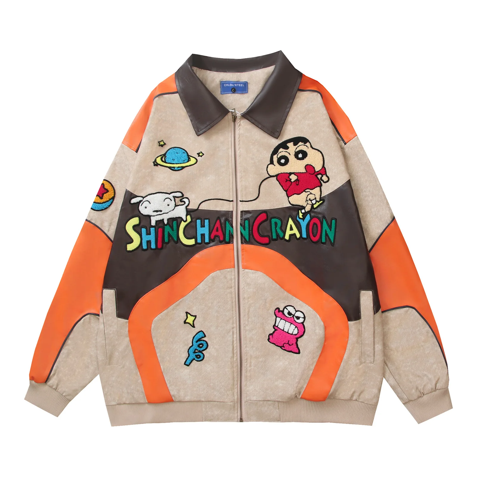 

American Retro Fun Cartoon Embroidery Leather Patch Lapel Jacket Unisex BF Loose Casual
