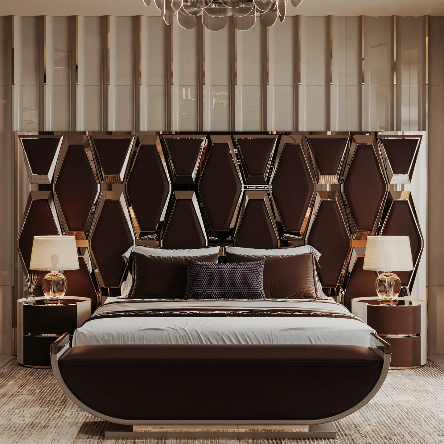 High-end leather double bed, light luxury creative villa model room, designer master bedroom, high-back fabric bed