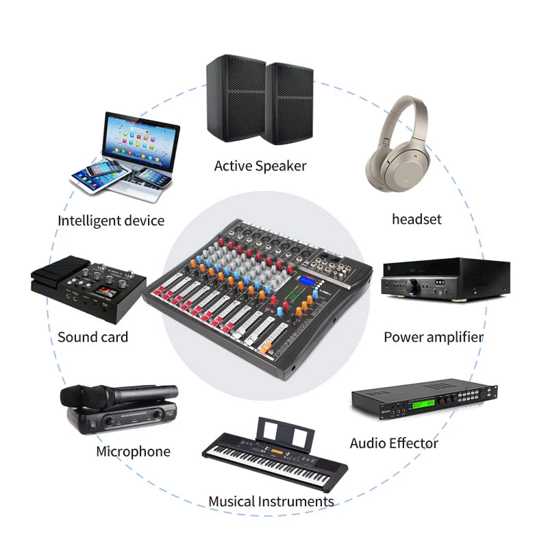 المهنية 8 قناة جهاز مزج الصوت Dj المرحلة وحدة التحكم خلاط الصوت الرقمي مع ترويسة تيار تحكم الكمبيوتر USB تسجيل dsp