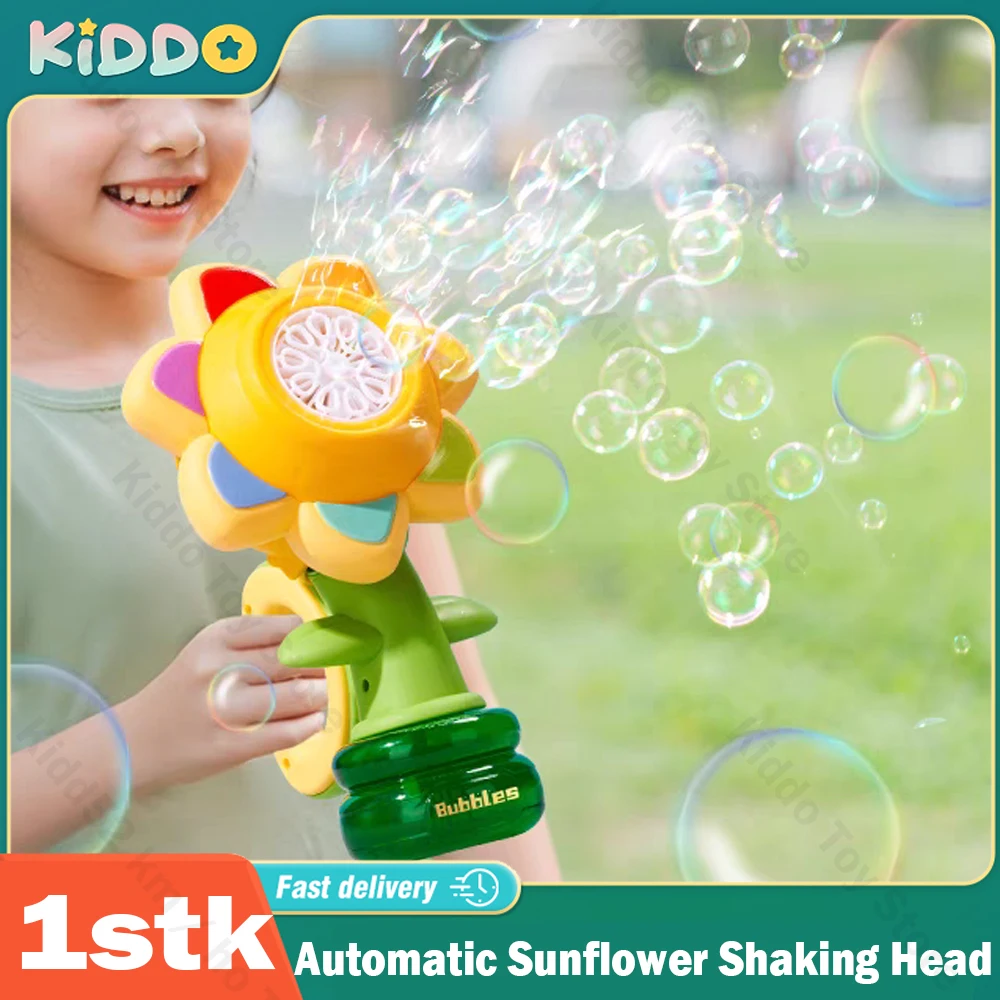 Bubble Machine Toy Electric Automatic Sunflower Shaking Head Adjustment Light Dancing One Key Bubble Maker Toy for Kid Christmas