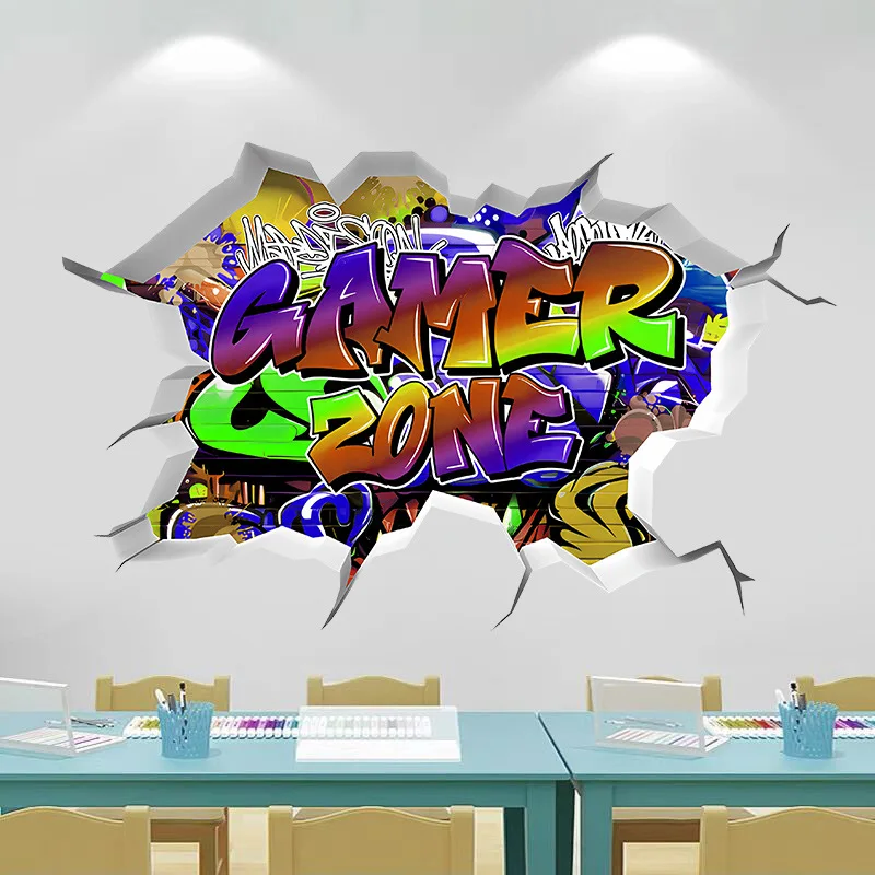 Cool Gamer Broken Wall Art Vinyl Anime Poster Stickers for Kids Room Boy Bedroom Game Zone Home Decoration Cartoon Play Mural