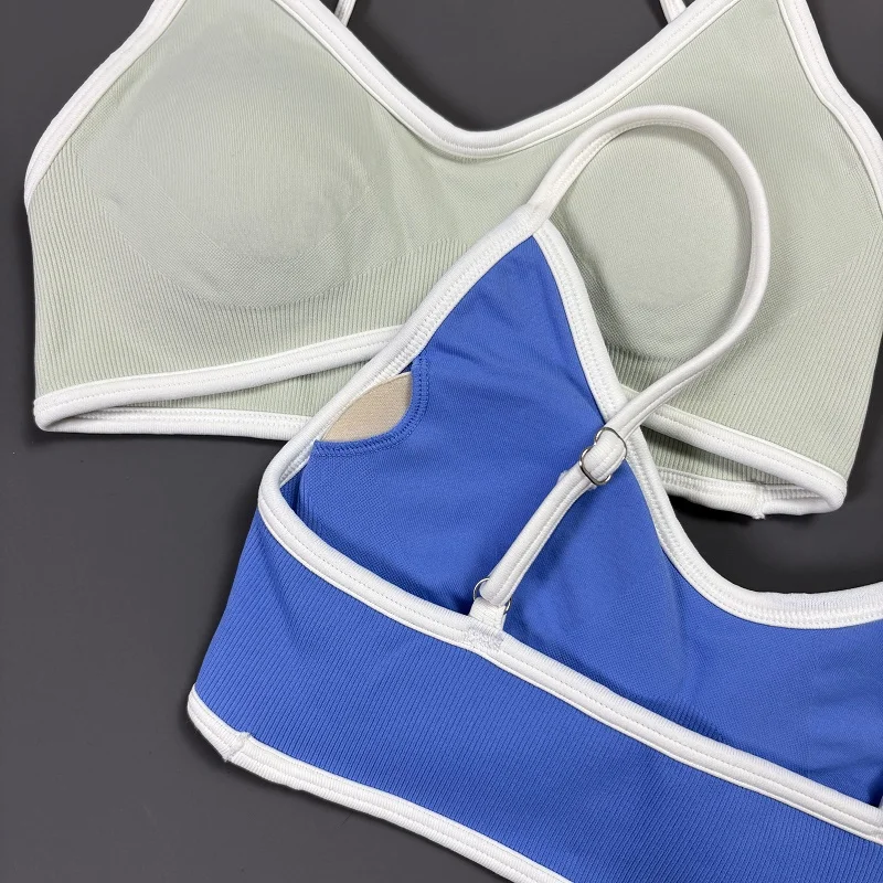 Women Contrastline Yoga Bra V Neck White Edge Thin Strap Wirefree Padded Sports Bra Seamless Daily Workout Fitness Crop Top - view 6
