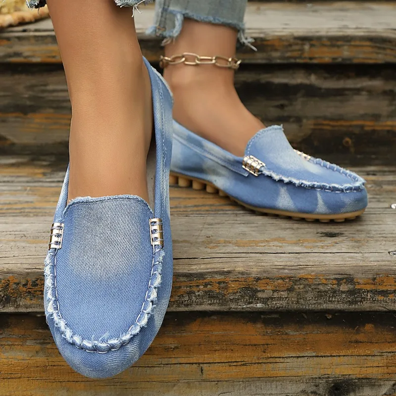 ファッションライトブルーデニムモカシン、メタルバックル付きス - Loafer Flat Women のレビューと価格