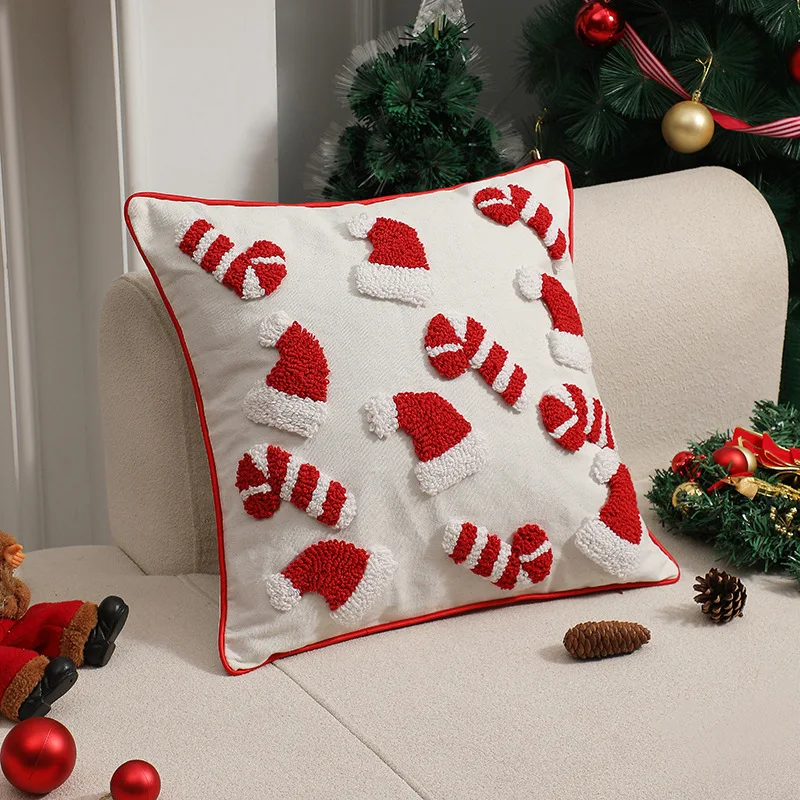 Christmas Pillowcase Christmas Cane Hat Soft Plush Decorative Cushion Covers For Home Sofa Bed Room 2024 Christmas Decorations