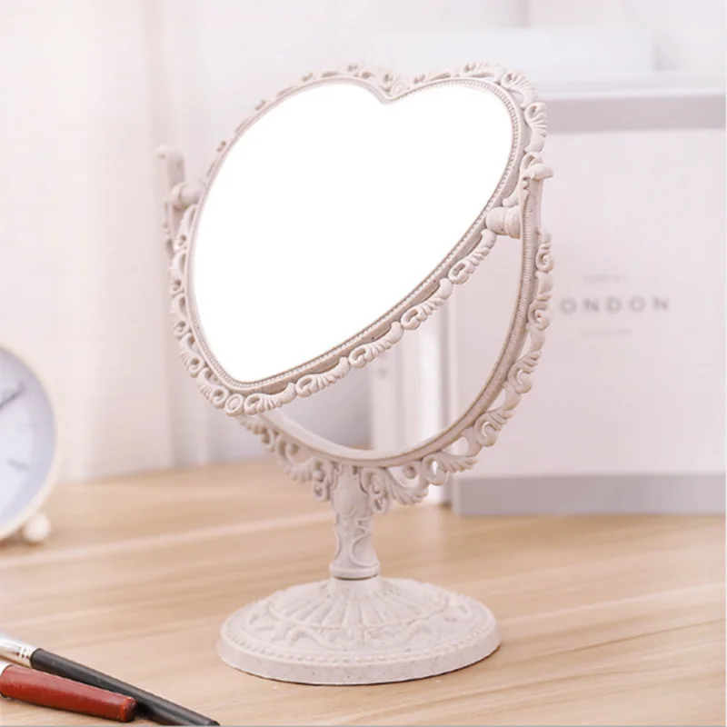 Heart Shaped Makeup Mirror Vintage European Style Acrylic Single Side Makeup Mirror 360 Degree Swivel Desktop Makeup Tools