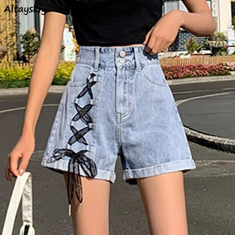 Pantaloncini Donna Nastri alla moda Vita alta Addome Chic Studente Estate Streetwear Harajuku All-match Elegante quotidiano Mujer Denim