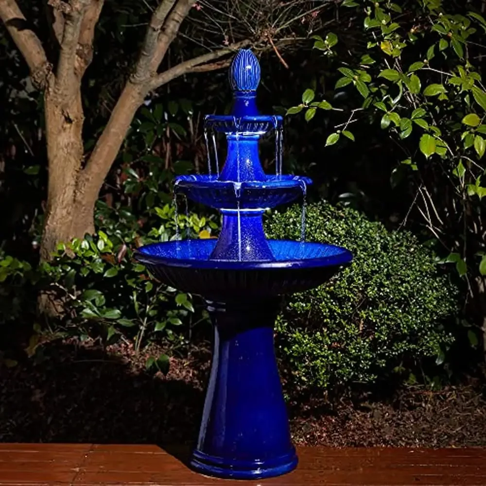 3-Tier Ceramic Outdoor Fountain with LED Light and Pump Garden and Patio Relaxation Weatherproof and Elegant Cobalt Blue Glaze