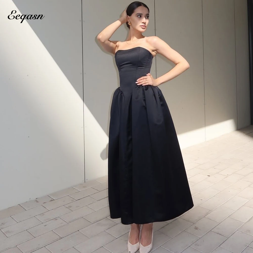 

Customized Black A-line Evening Dress Strapless Satin Midi Dresses Vestidos De Fiesta Bespoke Occasion Gown Sizes Available
