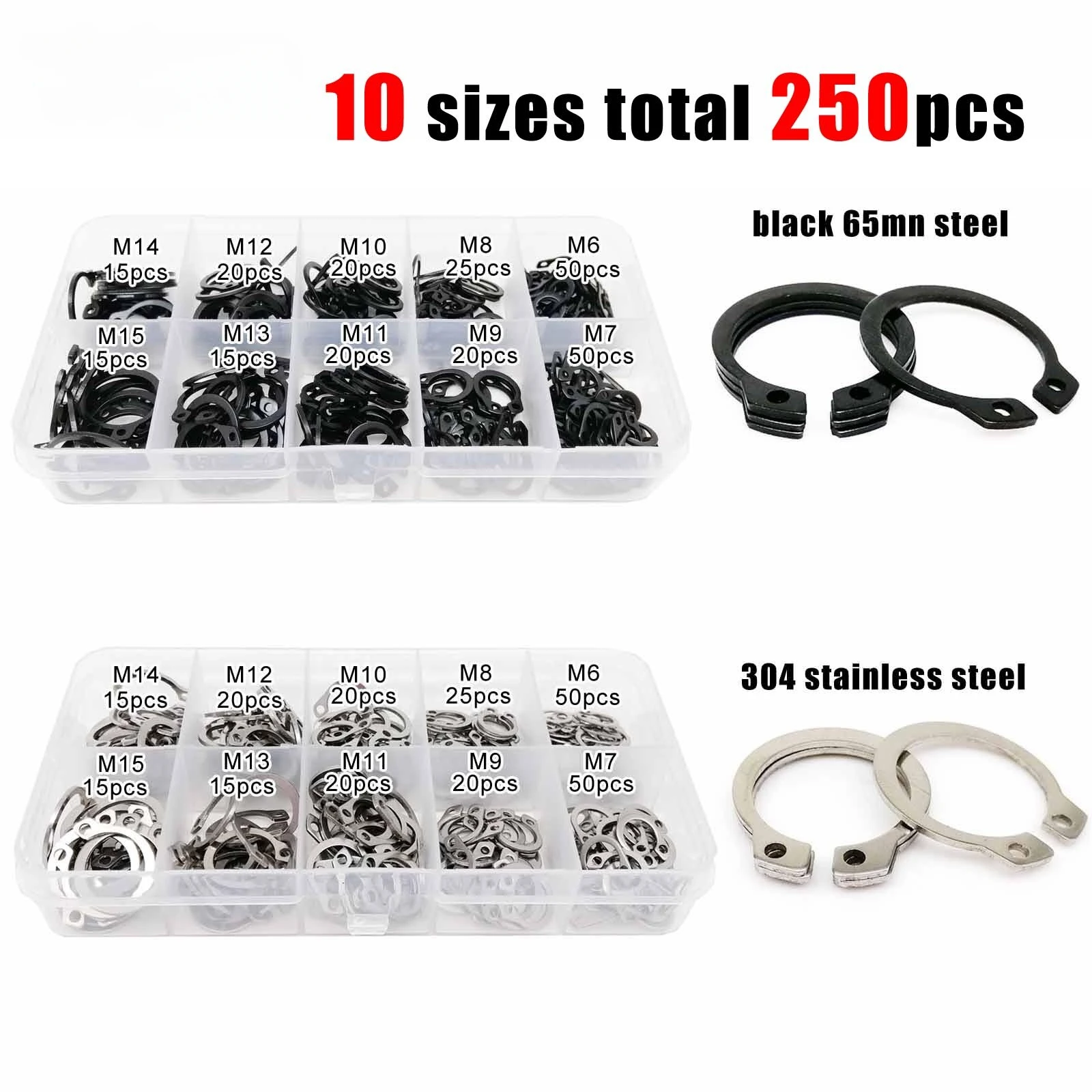 250pcs/box C Type External Circlip Clip Snap Ring Mix M6 to M15 Kit Set for Shaft Bearing Retaining Stainless Steel Black 65mn