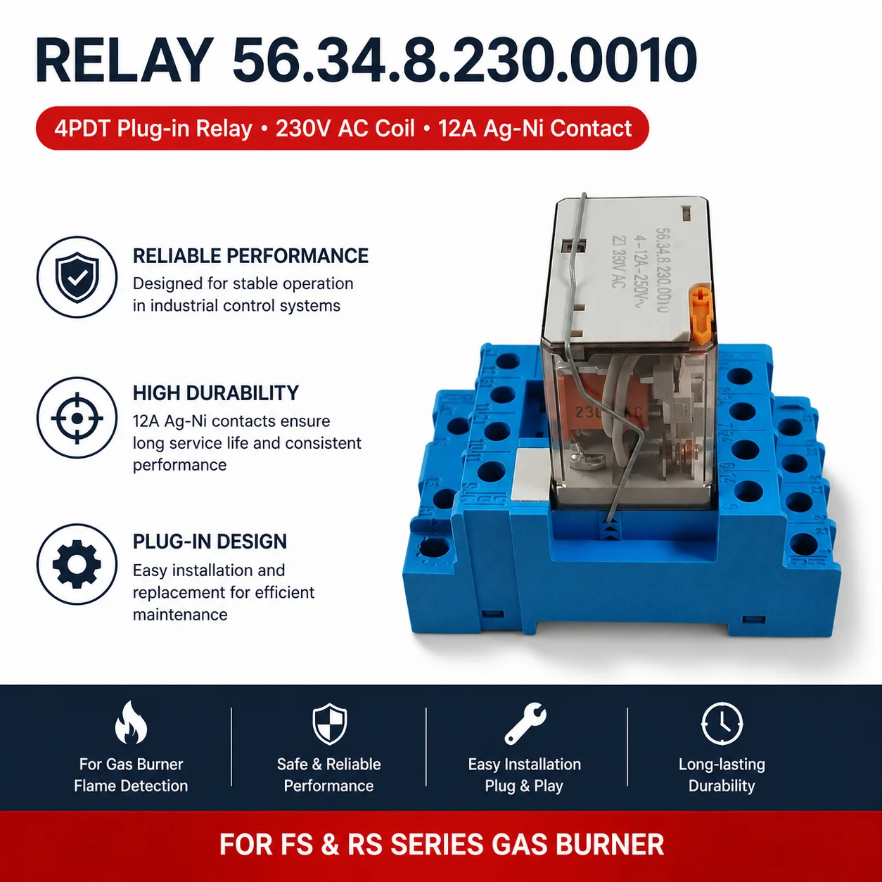 Brand New 56.34.8.230.0010 4PDT Plug‑in Relay 230V AC Coil 12A Ag‑Ni Contact Industrial Control Original Components